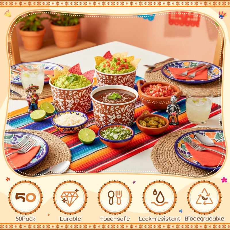 Potchen 50 Pack 9 oz Mexican Paper Bowls Mexican Disposable Paper Snack Cups Disposable Fiesta Terracotta Soup Bowls for Cinco De Mayo Fiesta Cielito Lindo Party Supplies for Dessert Hot or Cold Food - Image 3