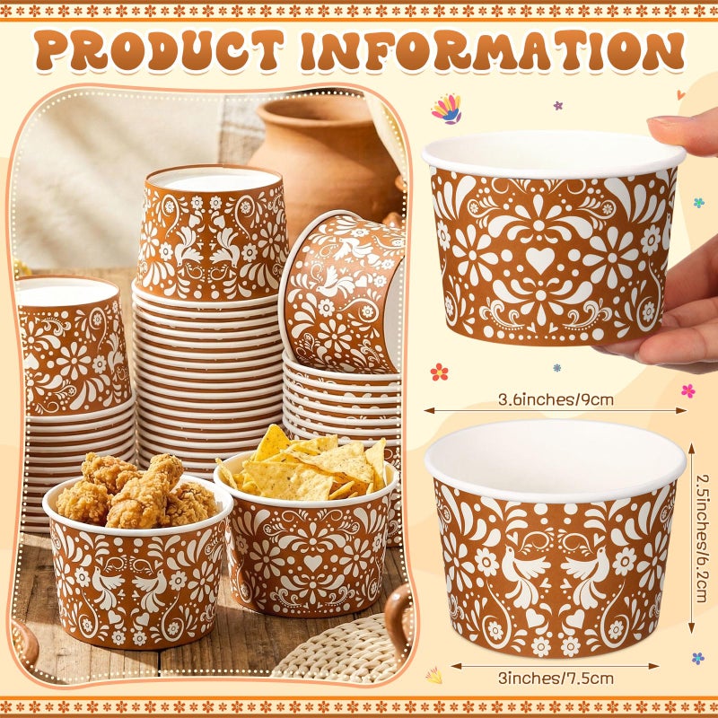 Potchen 50 Pack 9 oz Mexican Paper Bowls Mexican Disposable Paper Snack Cups Disposable Fiesta Terracotta Soup Bowls for Cinco De Mayo Fiesta Cielito Lindo Party Supplies for Dessert Hot or Cold Food - Image 4