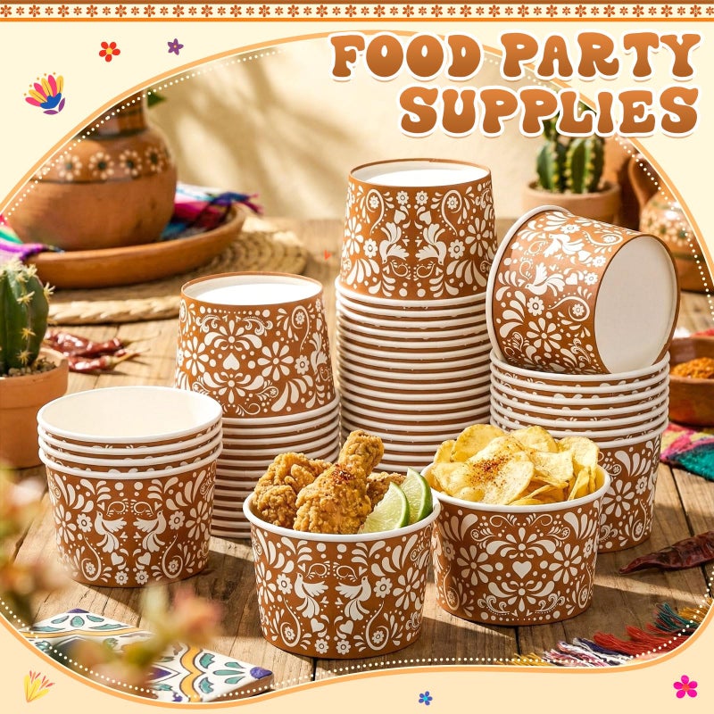 Potchen 50 Pack 9 oz Mexican Paper Bowls Mexican Disposable Paper Snack Cups Disposable Fiesta Terracotta Soup Bowls for Cinco De Mayo Fiesta Cielito Lindo Party Supplies for Dessert Hot or Cold Food - Image 2