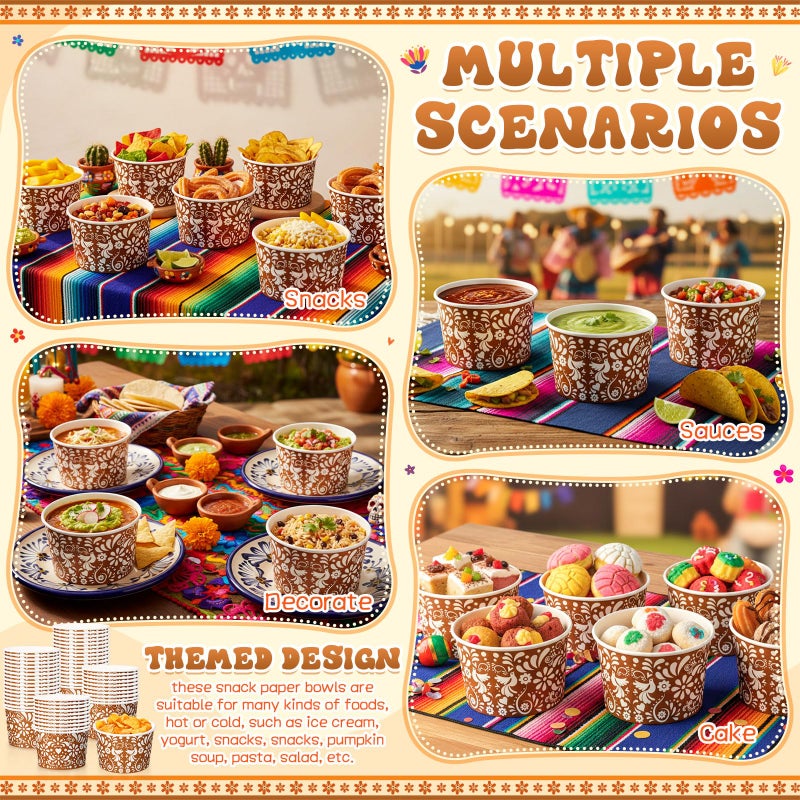 Potchen 50 Pack 9 oz Mexican Paper Bowls Mexican Disposable Paper Snack Cups Disposable Fiesta Terracotta Soup Bowls for Cinco De Mayo Fiesta Cielito Lindo Party Supplies for Dessert Hot or Cold Food - Image 5