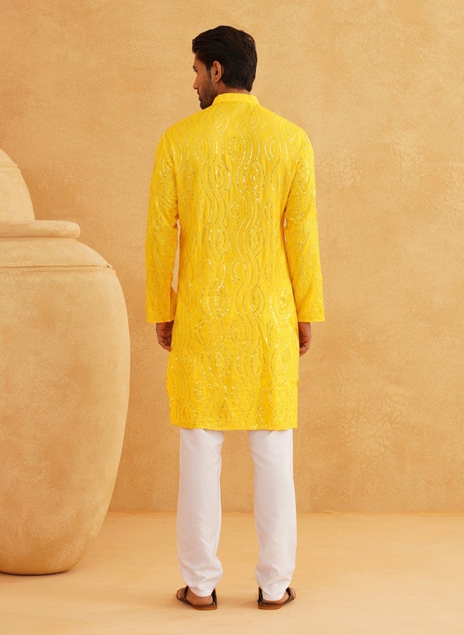 Sojanya Embroidered Mustard Yellow Kurta for Men - Image 4