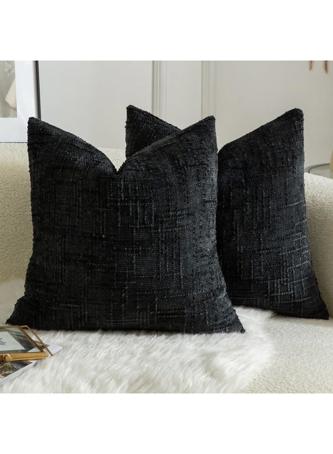 Mandioo Pack of 2 Solid Decorative Soft Chenille Black Cushion Covers 50x50cm 20x20 Inch Lumbar Accent Solid Throw Pillow Case Soft Cozy Luxury Pillow Covers for Sofa Couch Bedroom - Image 1