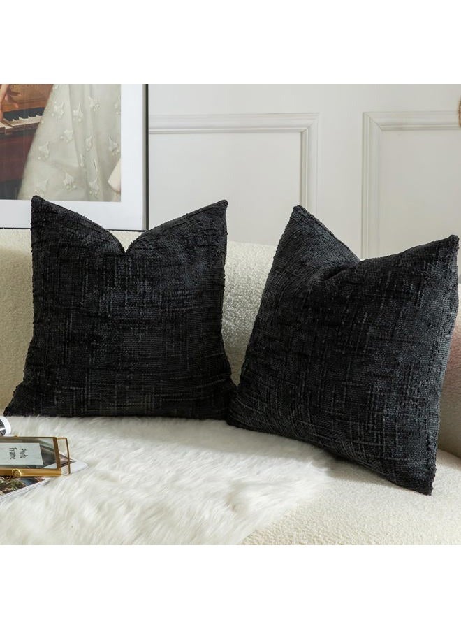 Mandioo Pack of 2 Solid Decorative Soft Chenille Black Cushion Covers 50x50cm 20x20 Inch Lumbar Accent Solid Throw Pillow Case Soft Cozy Luxury Pillow Covers for Sofa Couch Bedroom - Image 2