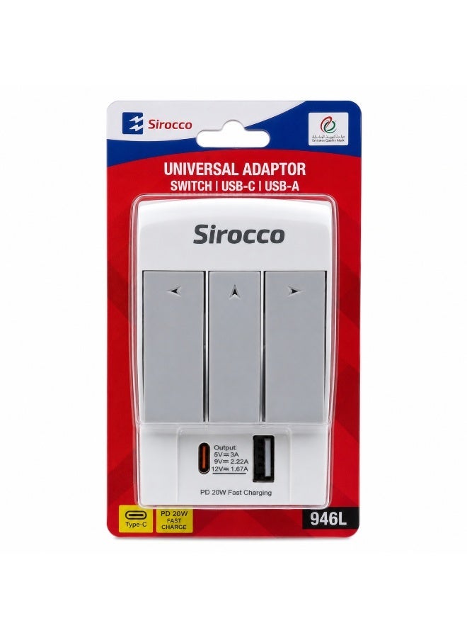 سيروكو محول عالمي مع مفتاح، USB-C و USB-A، شحن سريع PD 20W، 946L - Image 1