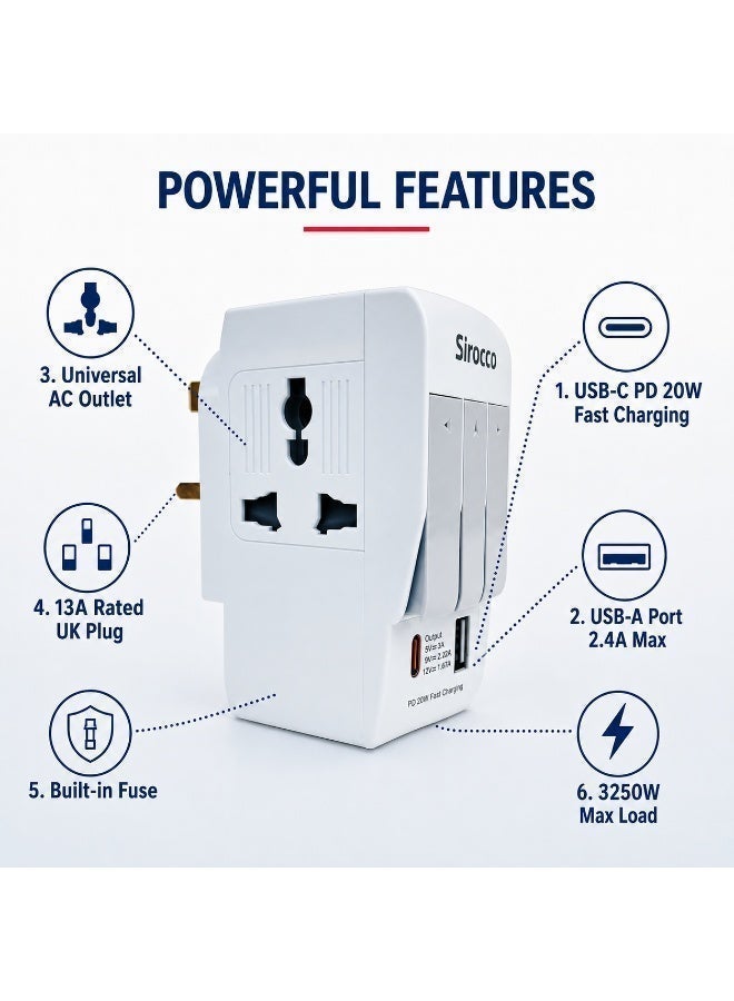 سيروكو محول عالمي مع مفتاح، USB-C و USB-A، شحن سريع PD 20W، 946L - Image 3