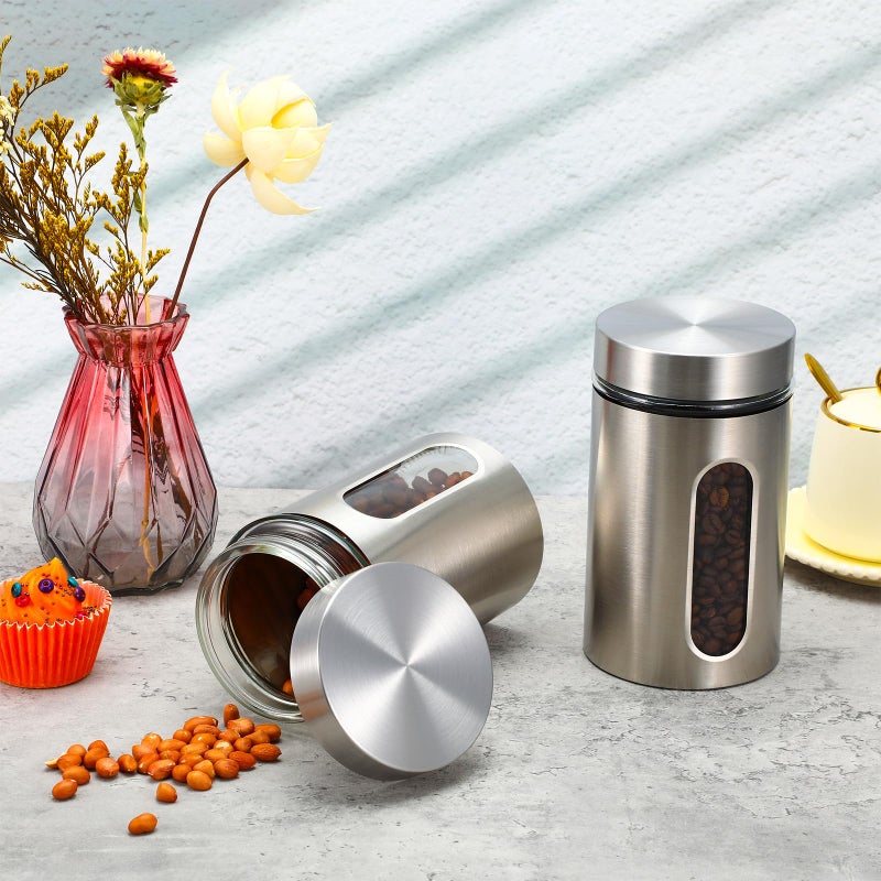 Limbeuuu 3 Pack Large Kitchen Canisters Set Airtight Coffee Sugar Tea Candy Storage Jars with Window Glass Stainless Steel Containers with Lids for Flour Cookies Spices Grains Kitchen Decorations(32 oz) - Image 4