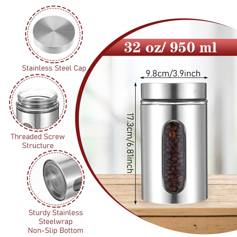 Limbeuuu 3 Pack Large Kitchen Canisters Set Airtight Coffee Sugar Tea Candy Storage Jars with Window Glass Stainless Steel Containers with Lids for Flour Cookies Spices Grains Kitchen Decorations(32 oz) - Image 2