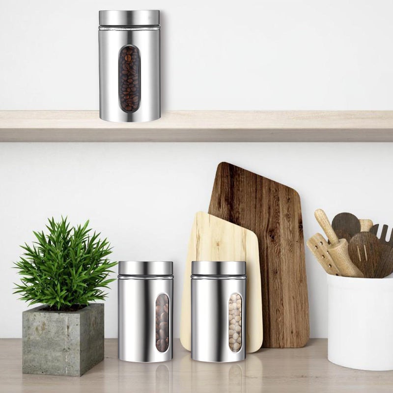 Limbeuuu 3 Pack Large Kitchen Canisters Set Airtight Coffee Sugar Tea Candy Storage Jars with Window Glass Stainless Steel Containers with Lids for Flour Cookies Spices Grains Kitchen Decorations(32 oz) - Image 5