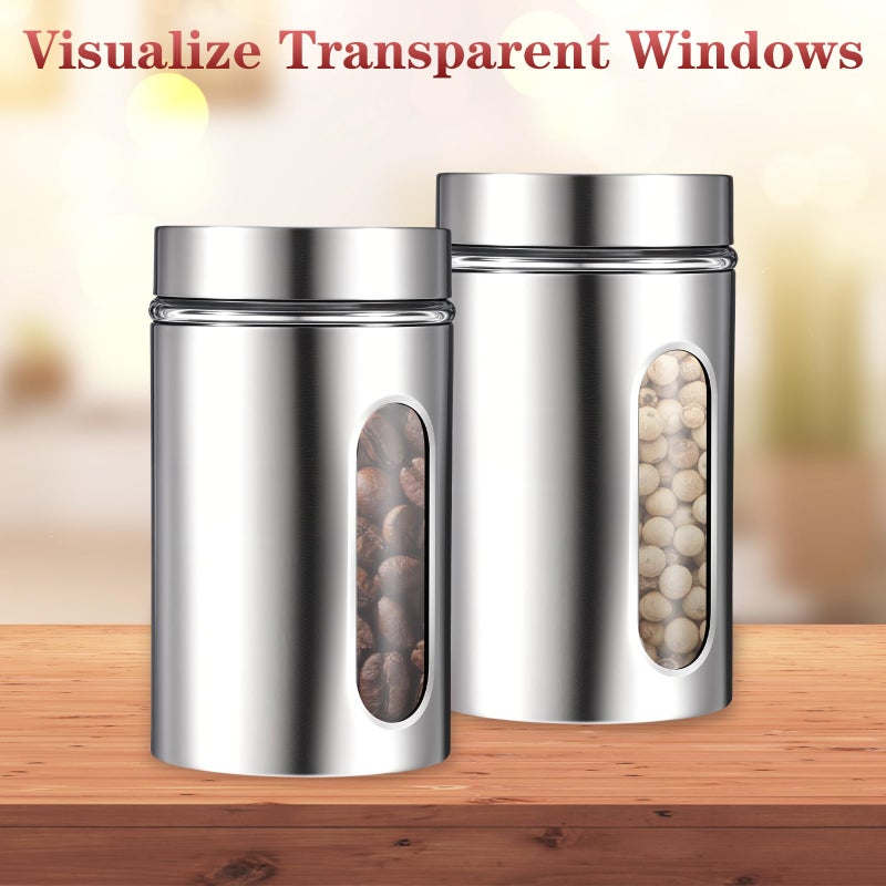 Limbeuuu 3 Pack Large Kitchen Canisters Set Airtight Coffee Sugar Tea Candy Storage Jars with Window Glass Stainless Steel Containers with Lids for Flour Cookies Spices Grains Kitchen Decorations(32 oz) - Image 3
