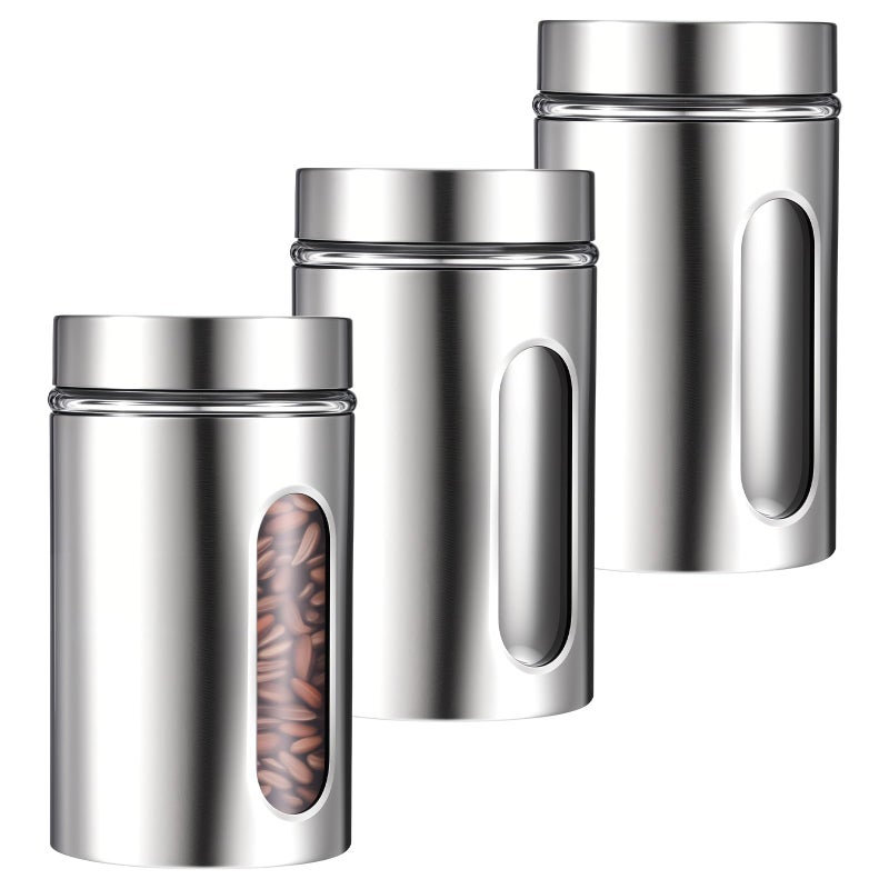 Limbeuuu 3 Pack Large Kitchen Canisters Set Airtight Coffee Sugar Tea Candy Storage Jars with Window Glass Stainless Steel Containers with Lids for Flour Cookies Spices Grains Kitchen Decorations(32 oz) - Image 1