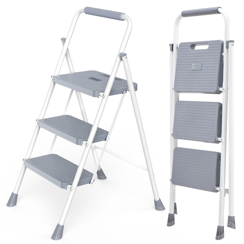 DUMOS Step Ladder, 3 Sturdy Step Stool with Anti-Slip Pedal & Comfortable Handrail, Portable Heavy Duty Step Stool for Kitchen, Garage & Outdoor Use, 800lbs, Grey - Image 1