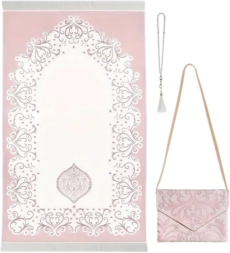 Home Smart Prayer Mat with Prayer Beads and Storage Pouch Portable Mat for Travel Ideal Gift for Men and Women (Pink) - Image 1
