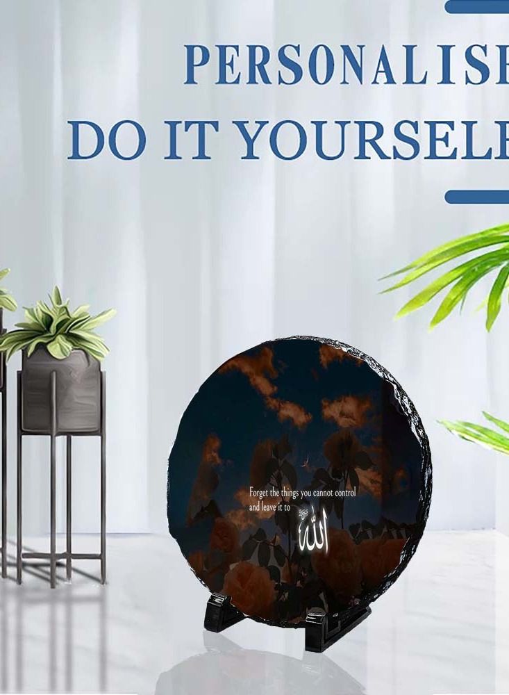 Protective Printed White Round Shape Marble Photo Frame for Table Top Forget The Things You Cannot Control And Leave It To Allah