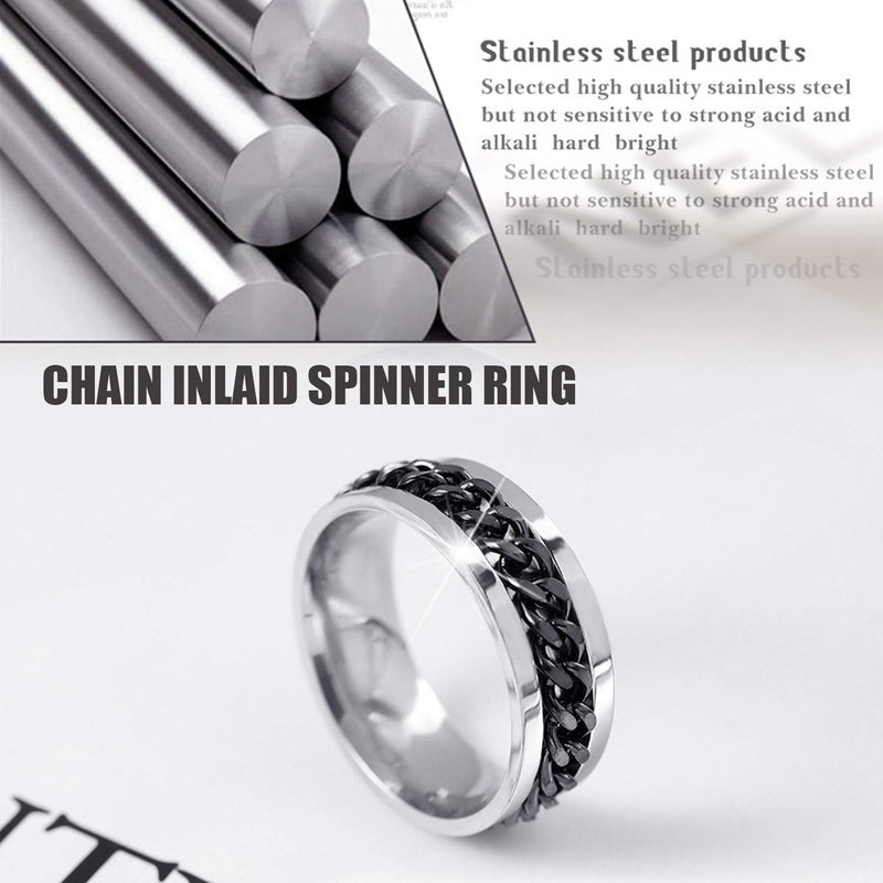 EIELO 9Pcs Stainless Steel Band Rings for Men Women Cool Fidget Spinning Chain Ring Anxiety Relief Fashion Simple Wedding Engagement Black Ring Set - Image 4