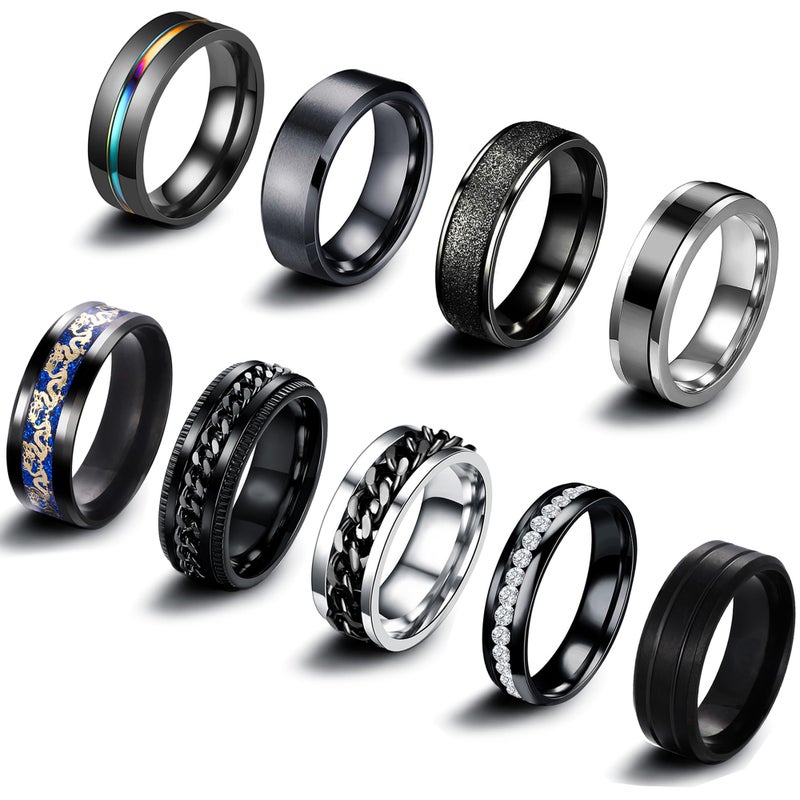 EIELO 9Pcs Stainless Steel Band Rings for Men Women Cool Fidget Spinning Chain Ring Anxiety Relief Fashion Simple Wedding Engagement Black Ring Set - Image 1