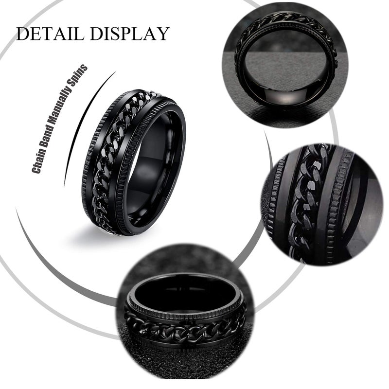EIELO 9Pcs Stainless Steel Band Rings for Men Women Cool Fidget Spinning Chain Ring Anxiety Relief Fashion Simple Wedding Engagement Black Ring Set - Image 2