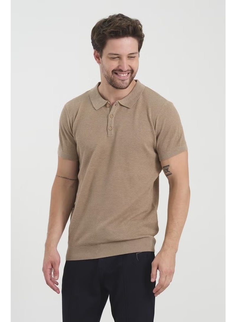 Odelon Men's Polo Neck Jacquard Knitwear T-Shirt Beige - Image 3