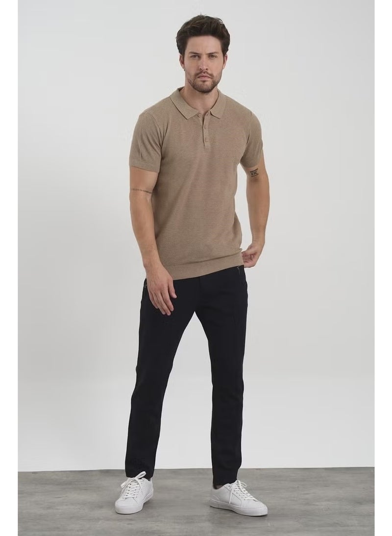 Odelon Men's Polo Neck Jacquard Knitwear T-Shirt Beige - Image 4