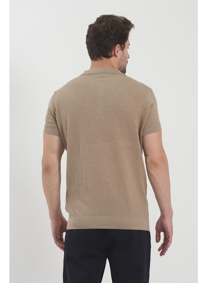 Odelon Men's Polo Neck Jacquard Knitwear T-Shirt Beige - Image 5