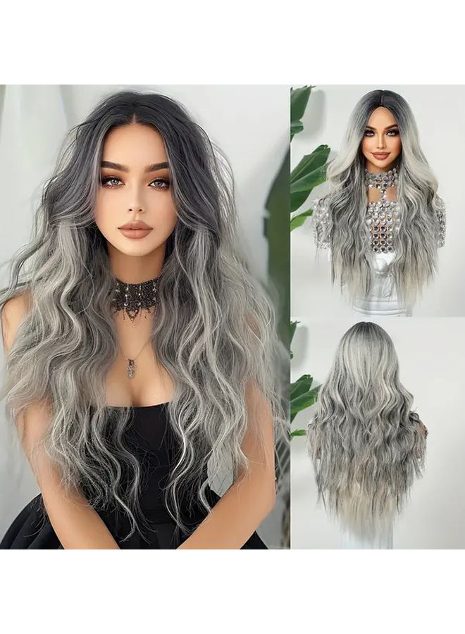 Long Curly Wave Wig For Women 26 Inch Gradient Color Ombre Grey - Image 1