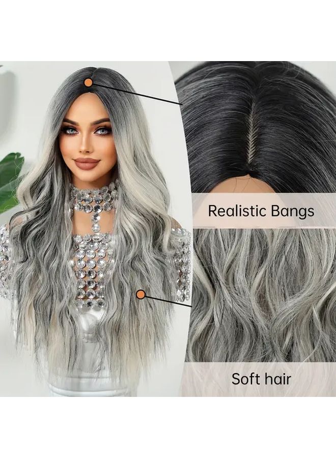 Long Curly Wave Wig For Women 26 Inch Gradient Color Ombre Grey - Image 2