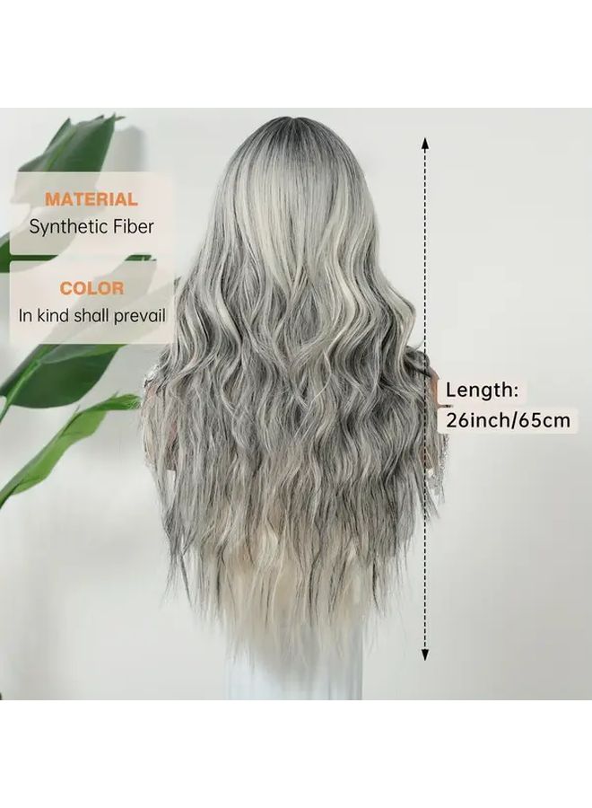 Long Curly Wave Wig For Women 26 Inch Gradient Color Ombre Grey - Image 4