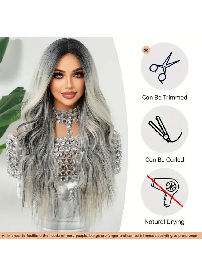 Long Curly Wave Wig For Women 26 Inch Gradient Color Ombre Grey - Image 3