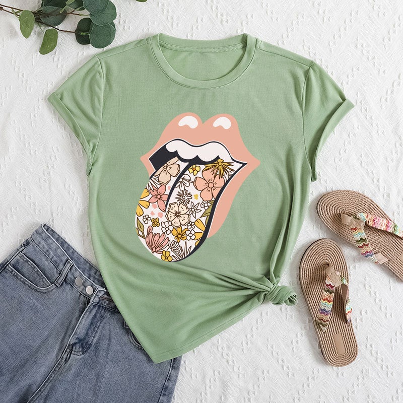 2025 Foreign Trade Womens Independent Station Temu Clothing Cross-border E-commerce ebay Amazon Lickitone Printed Polyester Ammonia T-shirt Yellow-green 