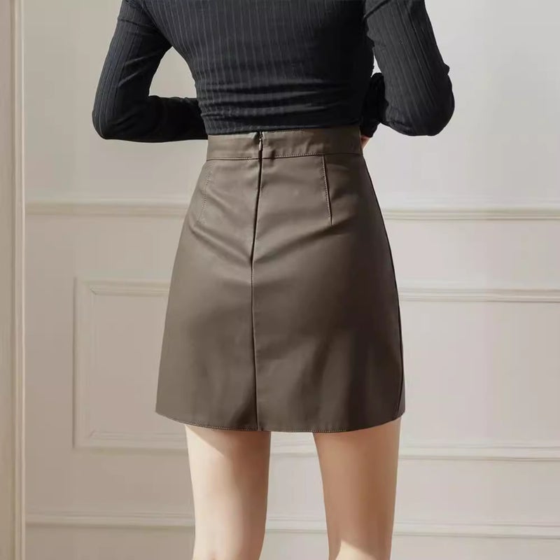 Women'S New Korean Style Pu Leather A- Line Skirt Hip Skirt Half-Length Fashionable 2023 High Waist Slim Leather - Image 5