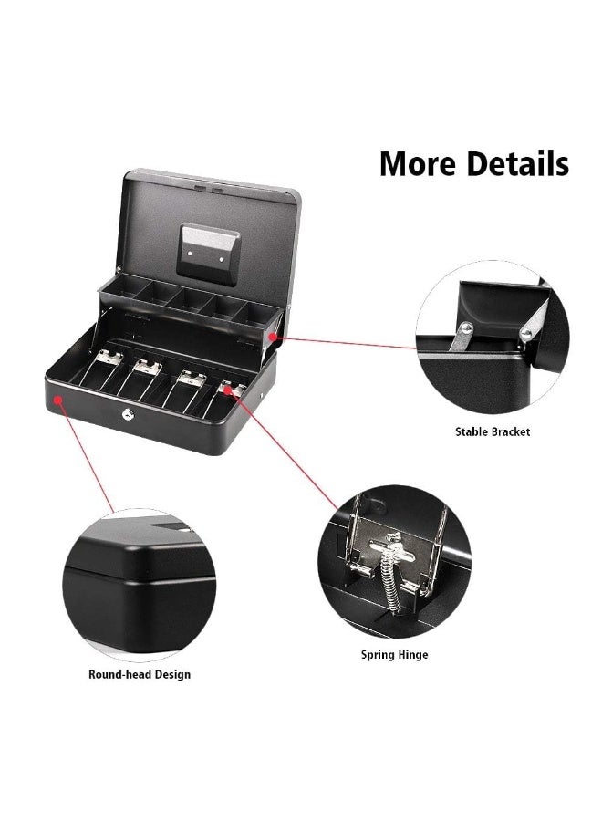 Locking Cash Box with Key Lock - Cash, Coins & Notebook Safe, 30 cm × 24 cm × 9 cm, Black - With 5 Storage Spaces & Cash Tray - Image 1