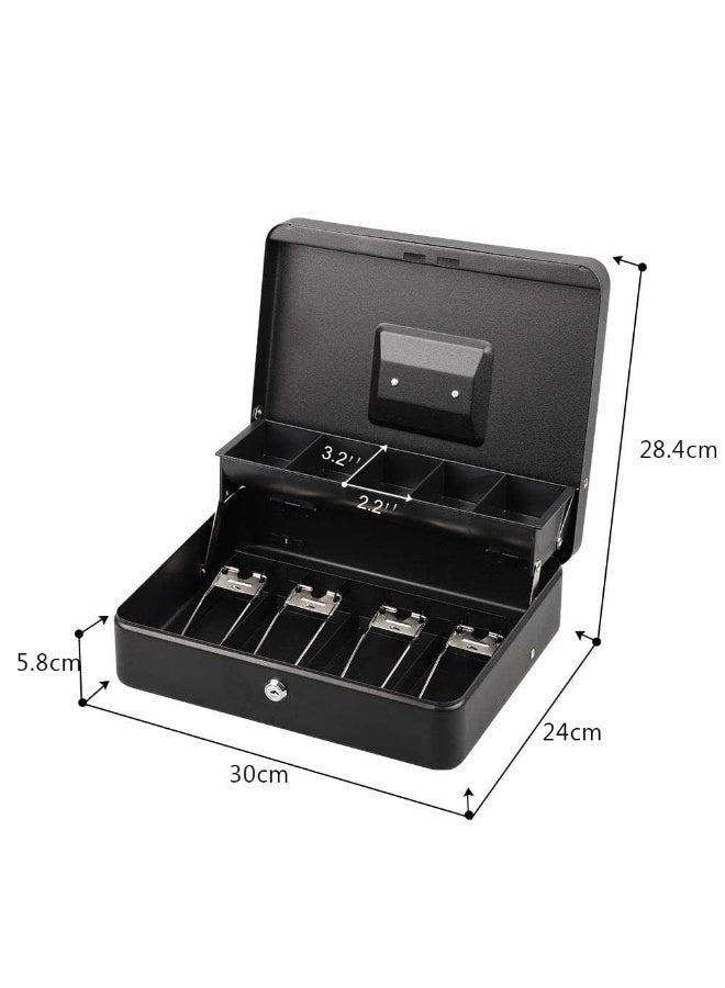 Locking Cash Box with Key Lock - Cash, Coins & Notebook Safe, 30 cm × 24 cm × 9 cm, Black - With 5 Storage Spaces & Cash Tray - Image 4