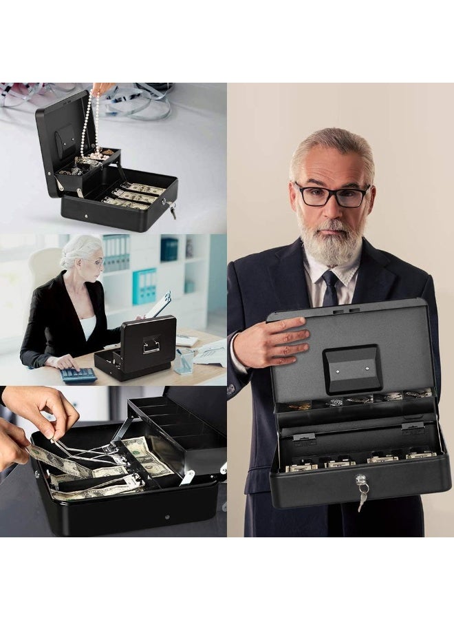 Locking Cash Box with Key Lock - Cash, Coins & Notebook Safe, 30 cm × 24 cm × 9 cm, Black - With 5 Storage Spaces & Cash Tray - Image 5