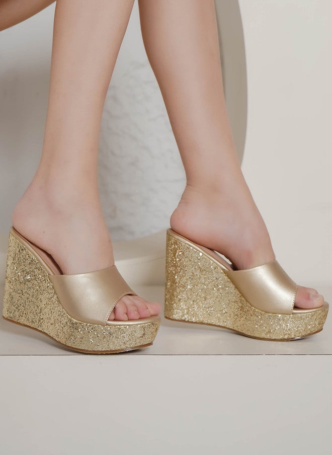 She Zone Gold Wedge Heels Sandals for Women - Image 1