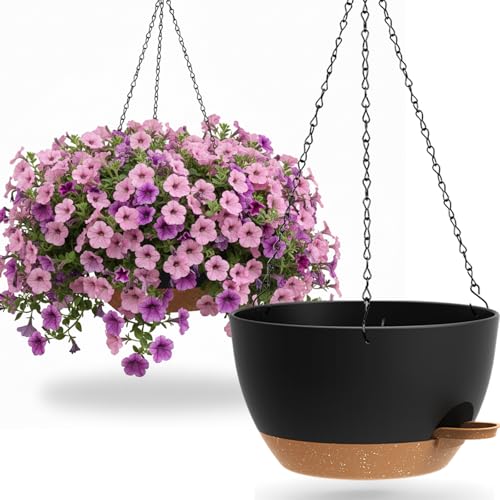 UOUZ 13 Inch 2 Pack Large Self Watering Hanging Planters for Indoor Outdoor Plants, Hanging Plant Pots with Removable 50 Oz Reservoir, Plastic Hanging Basket for Window Porch Garden, Black with Brown - Image 1