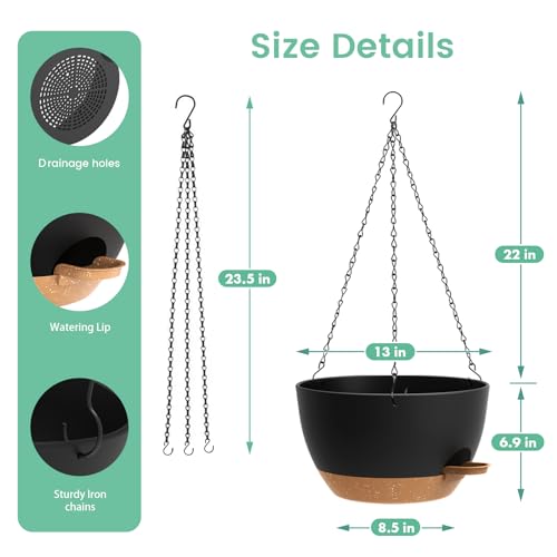 UOUZ 13 Inch 2 Pack Large Self Watering Hanging Planters for Indoor Outdoor Plants, Hanging Plant Pots with Removable 50 Oz Reservoir, Plastic Hanging Basket for Window Porch Garden, Black with Brown - Image 5