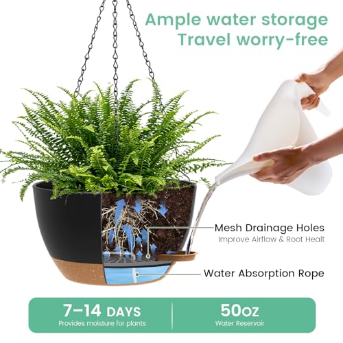 UOUZ 13 Inch 2 Pack Large Self Watering Hanging Planters for Indoor Outdoor Plants, Hanging Plant Pots with Removable 50 Oz Reservoir, Plastic Hanging Basket for Window Porch Garden, Black with Brown - Image 3
