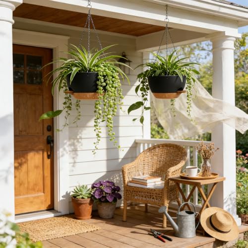 UOUZ 13 Inch 2 Pack Large Self Watering Hanging Planters for Indoor Outdoor Plants, Hanging Plant Pots with Removable 50 Oz Reservoir, Plastic Hanging Basket for Window Porch Garden, Black with Brown - Image 2