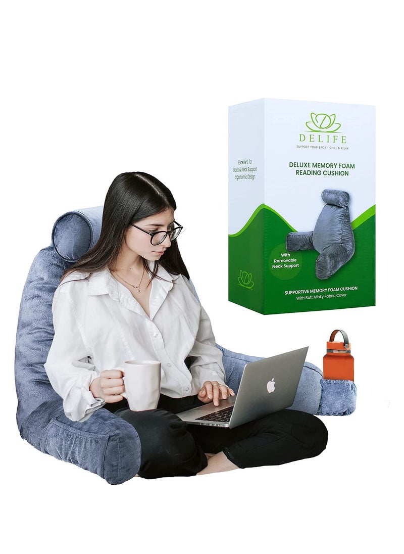 DELIFE - Large Reading Pillow - Mixed Memory Foam Support Cushion - Ergonomic Backrest with Armrests, Neck Support & Convenient Pockets - Ideal for Bed Reading, Lounging & Posture Support (54 x 90cm) - Image 1