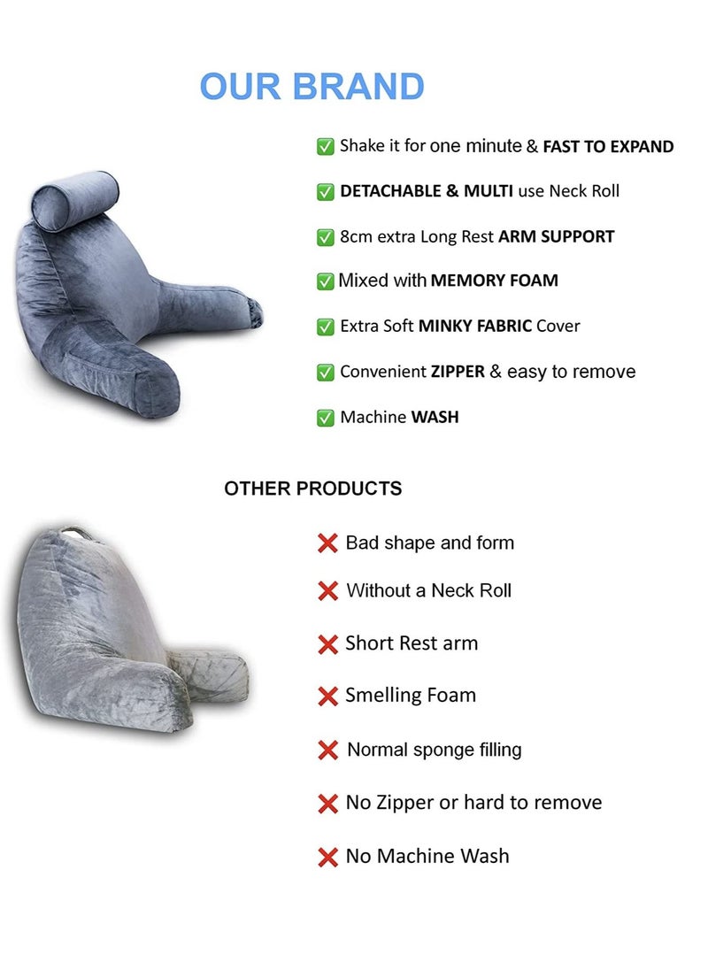 DELIFE - Large Reading Pillow - Mixed Memory Foam Support Cushion - Ergonomic Backrest with Armrests, Neck Support & Convenient Pockets - Ideal for Bed Reading, Lounging & Posture Support (54 x 90cm) - Image 1