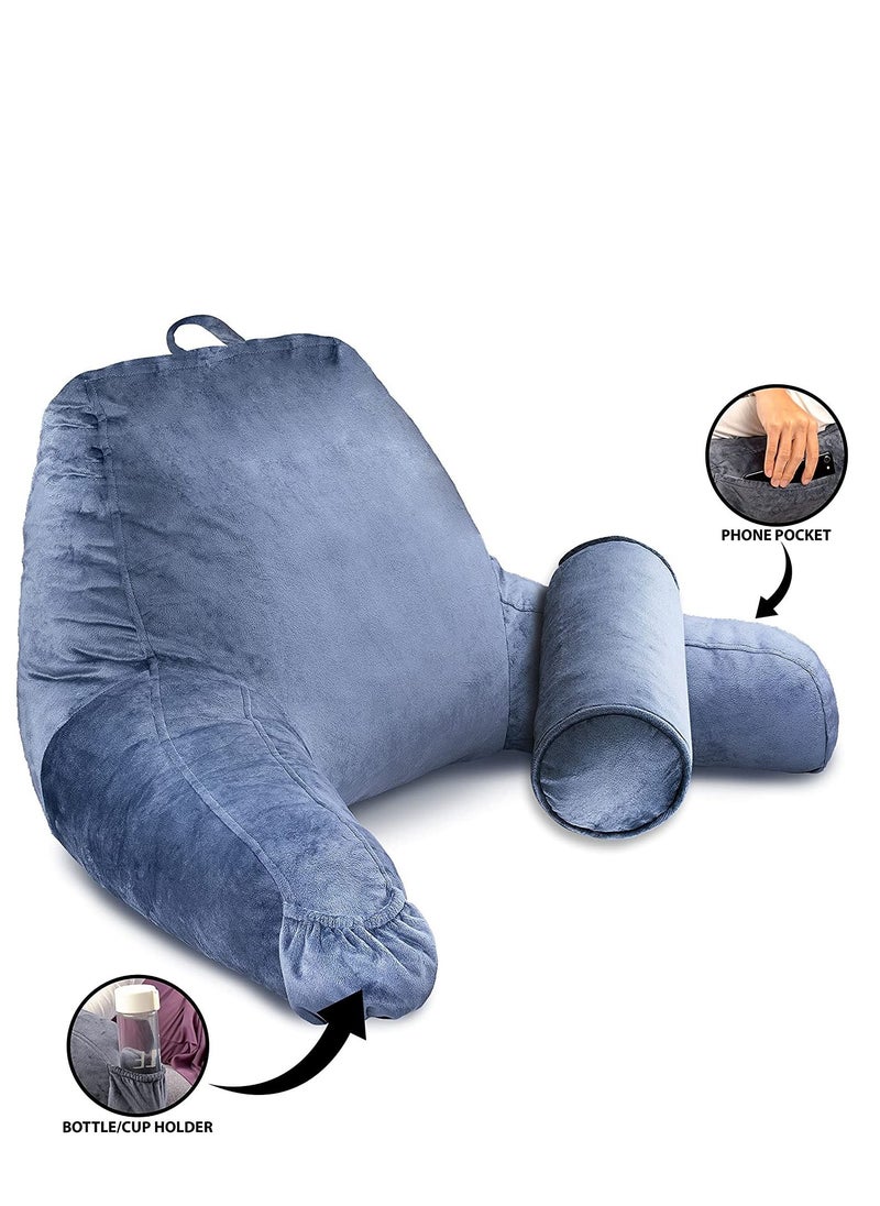 DELIFE - Large Reading Pillow - Mixed Memory Foam Support Cushion - Ergonomic Backrest with Armrests, Neck Support & Convenient Pockets - Ideal for Bed Reading, Lounging & Posture Support (54 x 90cm) - Image 1