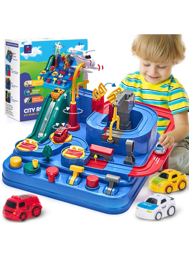Halamodo Six-Button Car Adventure Toy Set (With 3 Mini Sliding Cars) - Car Adventure Toy City Rescue Preschool Educational Rail Car- Multifunctional Train Track, Parking Garage Playset For Kids, Novelty Educational Toy For Hand-Eye Coordination, Montessori Logic & Motor Development Game, Perfect Interactive Birthday Gift For Boys And Girls ( 23*23*18 cm) - Image 1