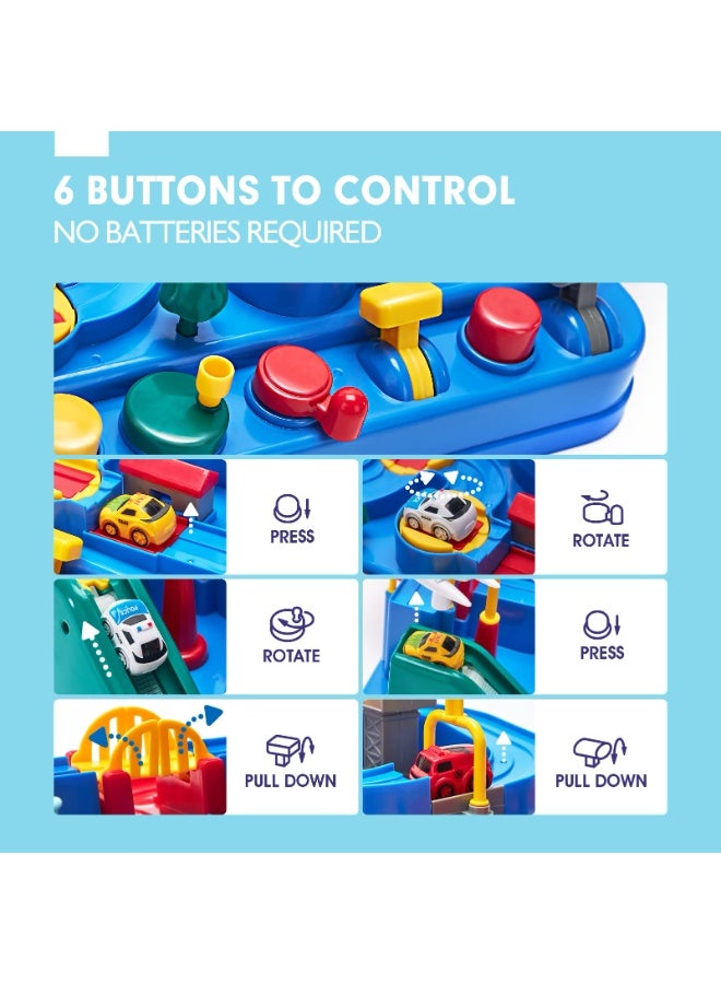 Halamodo Six-Button Car Adventure Toy Set (With 3 Mini Sliding Cars) - Car Adventure Toy City Rescue Preschool Educational Rail Car- Multifunctional Train Track, Parking Garage Playset For Kids, Novelty Educational Toy For Hand-Eye Coordination, Montessori Logic & Motor Development Game, Perfect Interactive Birthday Gift For Boys And Girls ( 23*23*18 cm) - Image 2