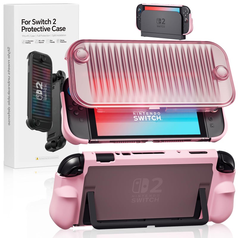 Sanyetral Dockable Case for Nintendo Switch 2 2025, Hard PC Front Cover + Clear Matte Hard Back Shell with Soft TPU Ergonomic Grip, Supports Stand Use and Charging Dock for Switch 2 -Pink - Image 1