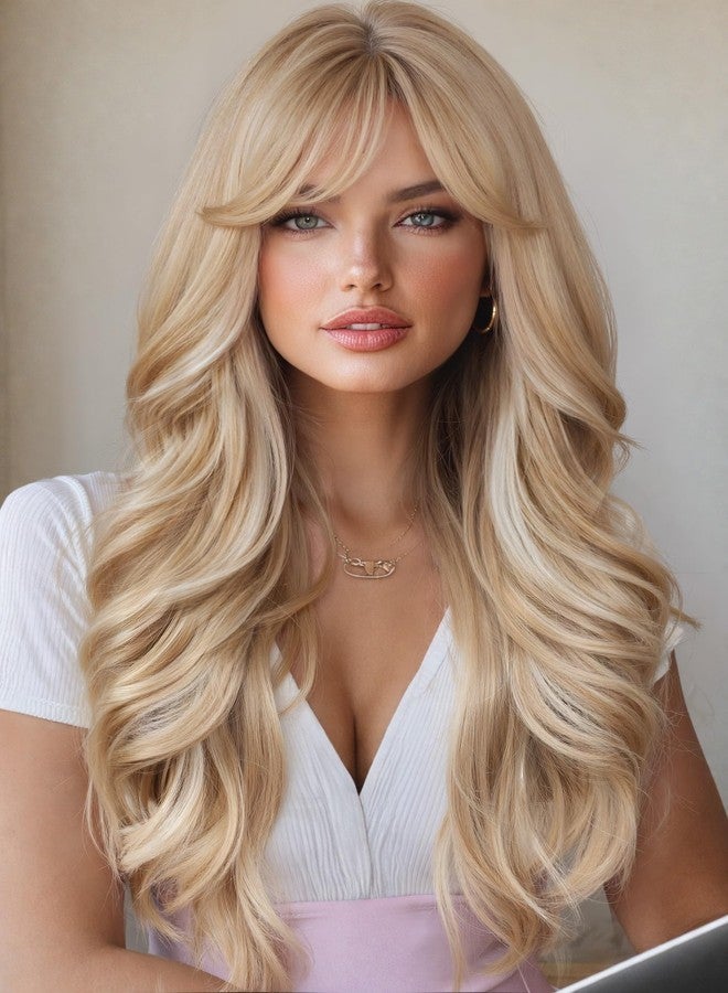 WIGER Long Wavy Hair With Bangs Flaxen Mix Blonde Curly Hair Synthetic Layered Wavy Wig for Women Daily or Costume Use Valentine's Day Wigs - Image 1