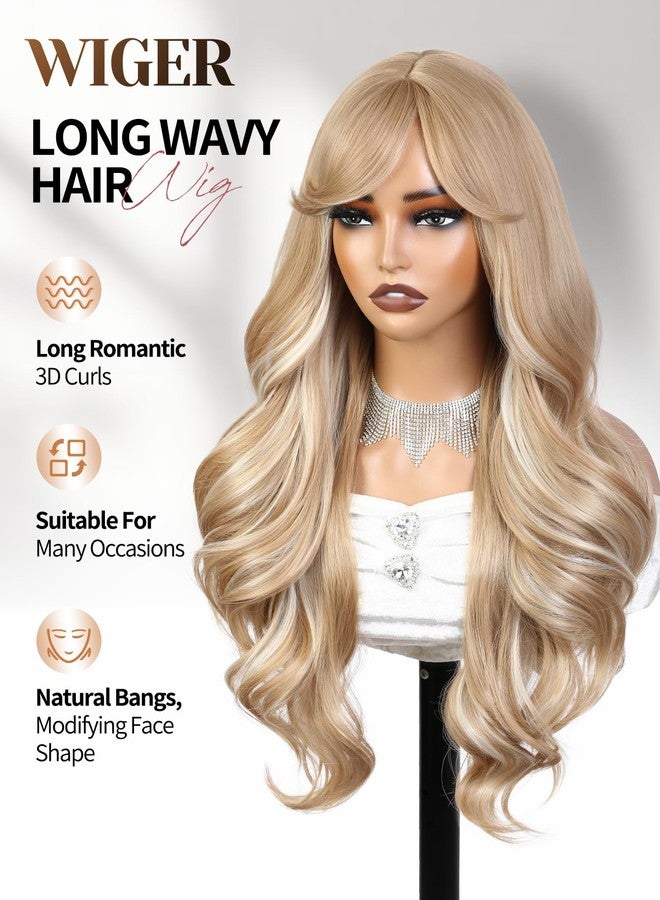 WIGER Long Wavy Hair With Bangs Flaxen Mix Blonde Curly Hair Synthetic Layered Wavy Wig for Women Daily or Costume Use Valentine's Day Wigs - Image 4
