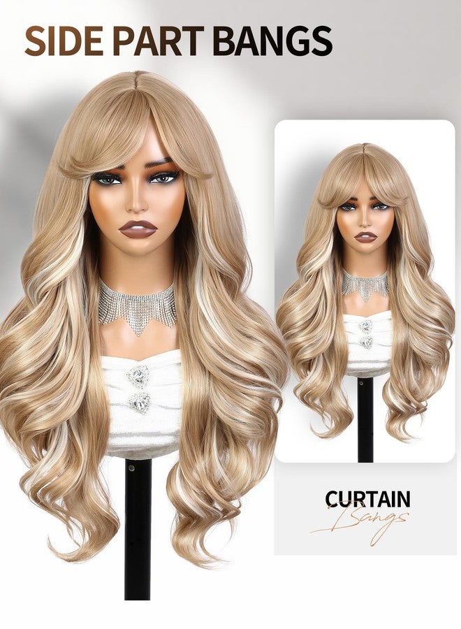 WIGER Long Wavy Hair With Bangs Flaxen Mix Blonde Curly Hair Synthetic Layered Wavy Wig for Women Daily or Costume Use Valentine's Day Wigs - Image 2
