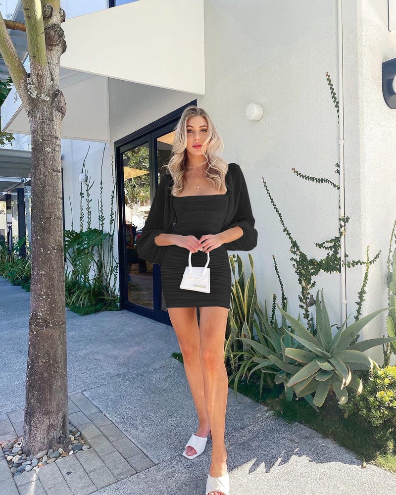 Wenrine Women's Mesh Long Sleeve Square Neck Ruched Party Club Cocktail Bodycon Mini Dress Black - Image 5