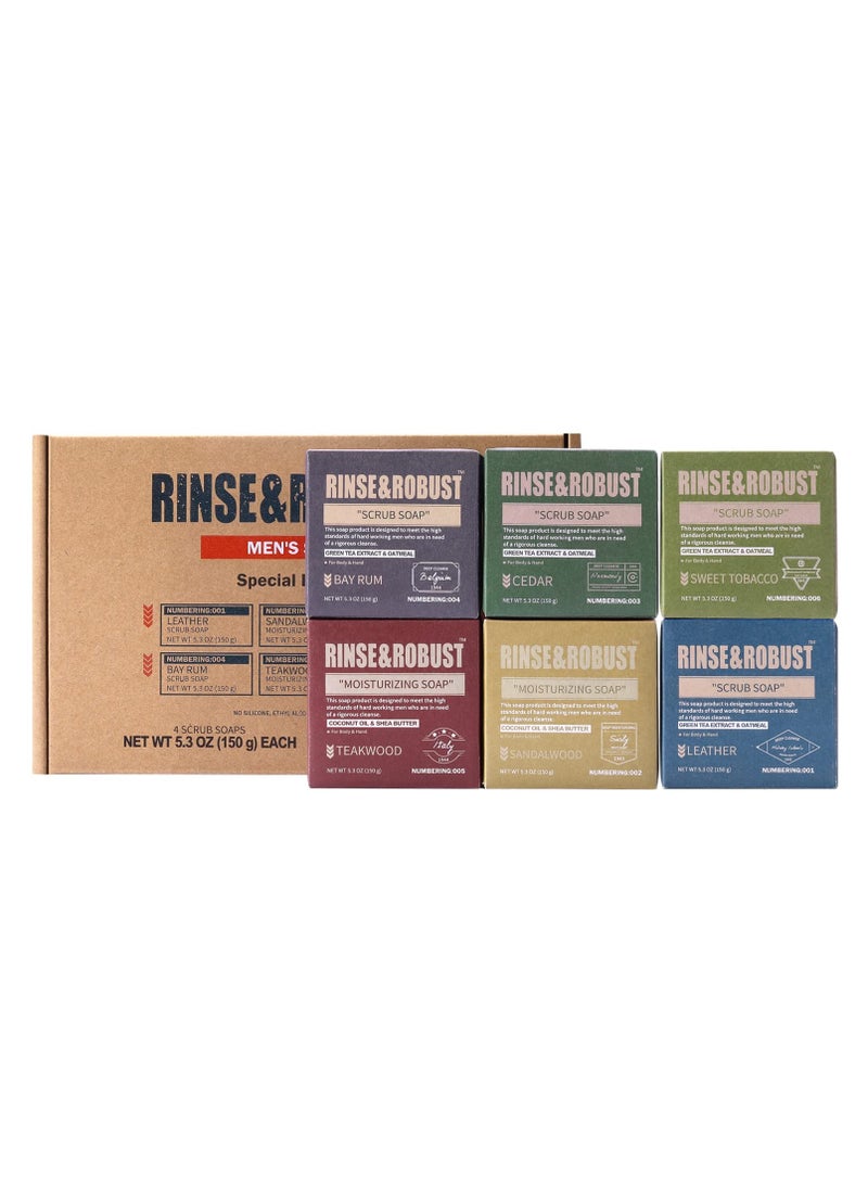 Rinse & Robust Mens Bar Soap 6Pcs Cleansing All Natural Handmade Mens Moisturizing&Exfoliating Oatmeal Scrub Soap Gift for Men Body&Hand All Skin Type|6 Different Scents |3.5 oz of 6 Bars - Image 1