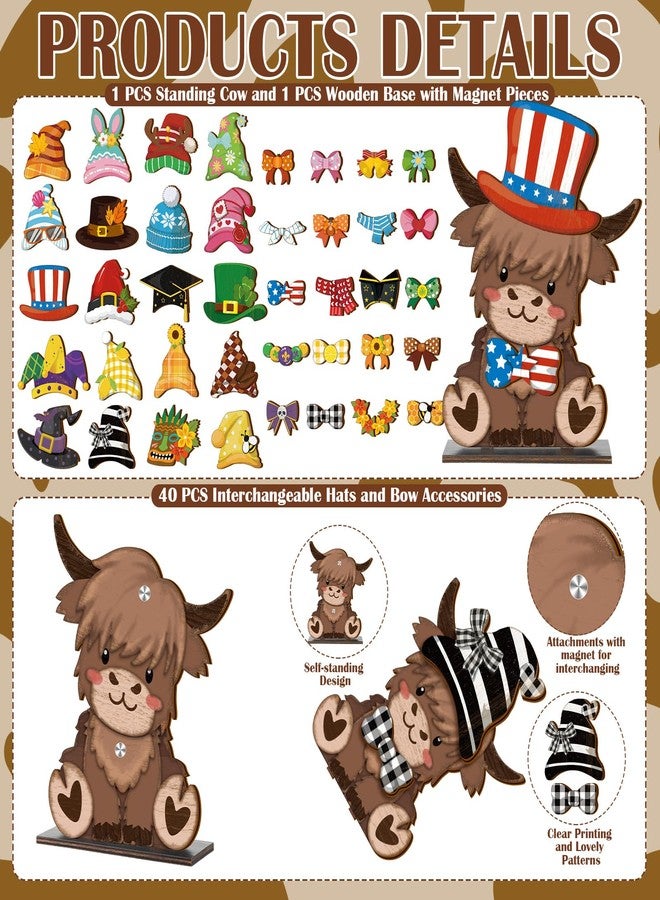 Anglechic 42 Pcs Farmhouse Rustic Wooden Tiered Tray Decor Set with Interchangeable Hats Bows Replaceable Holiday Seasonal Wood Sign with Magnet Pieces for Home Party Table Decorations (Highland Cow) - Image 3
