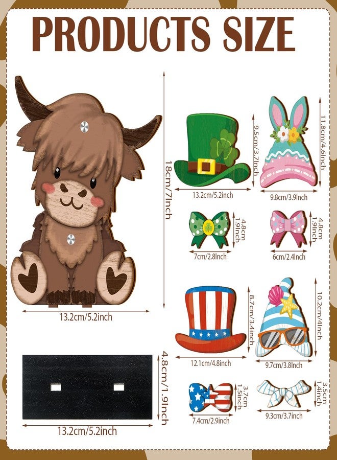 Anglechic 42 Pcs Farmhouse Rustic Wooden Tiered Tray Decor Set with Interchangeable Hats Bows Replaceable Holiday Seasonal Wood Sign with Magnet Pieces for Home Party Table Decorations (Highland Cow) - Image 2